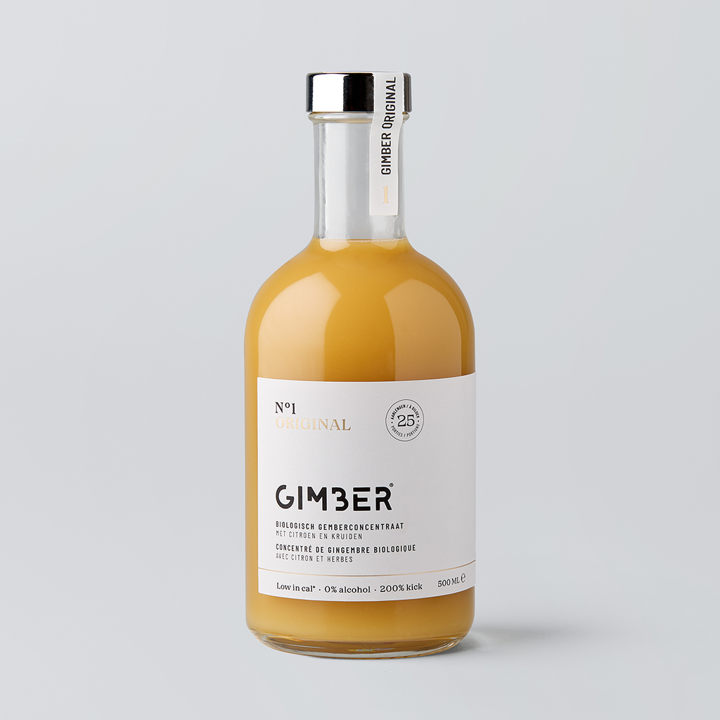 Bottle of Gimber juice with a white label on a light gray background